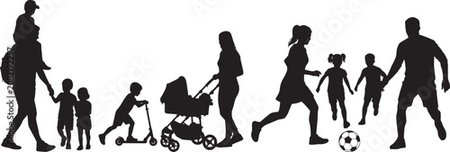 Family Outdoor Activities Silhouette Collection, Parenting, Baby Stroller, Children Playing Soccer, Black Vector Illustration Isolated on White Background