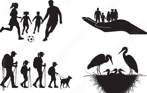 Family Lifestyle, Hiking Adventure, Child Soccer, Protection Care and Bird Nest Silhouette Collection, Black Vector Illustration Isolated on White Background
