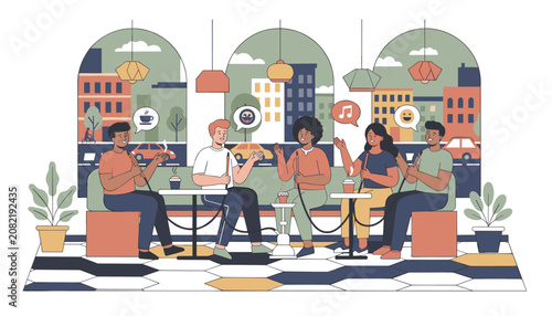 Diverse group of happy young friends sitting on a sofa in a cozy lounge, chatting and enjoying smoking hookah together.