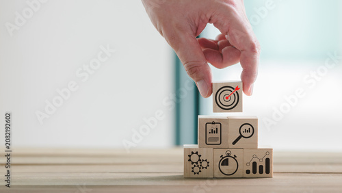 Business strategy planning with target goal, performance analytics, project management, process optimization, KPI tracking, productivity improvement, and business growth for successful execution.