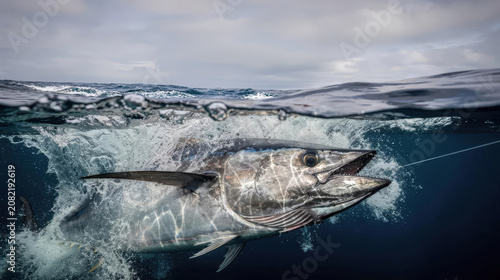 Giant bluefin tuna caught on a fishing line thrashing in dramatic open ocean, showcasing raw power and sport fishing action