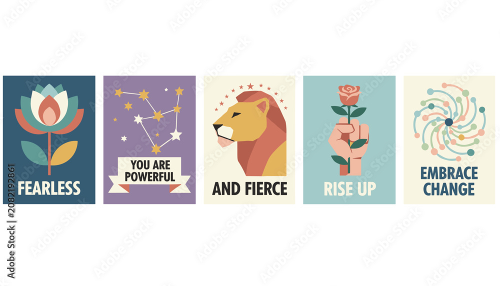 Naklejka premium Set of inspiring motivational cards with positive quotes, featuring a lotus flower, stars, lion, rose, and spiral.