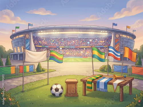 Colorful cartoon training pitch with soccer ball and flags