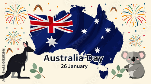 Australia Day Map Flag Kangaroo Koala Fireworks - January 26