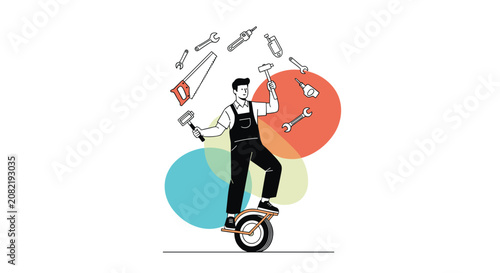 Versatile handyman balancing on a unicycle while juggling a variety of repair tools, symbolizing expert multitasking skills and balance.
