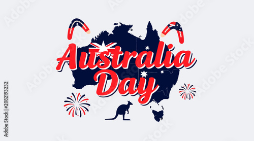 Australia Day Map, Kangaroo, Boomerangs, Fireworks, National Celebration
