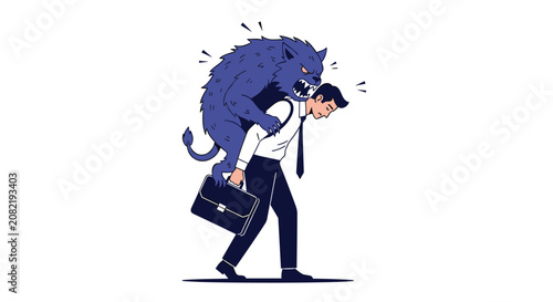 Exhausted businessman in a white shirt and tie carrying a large purple monster on his back as a metaphor for stress, burnout, and burden.