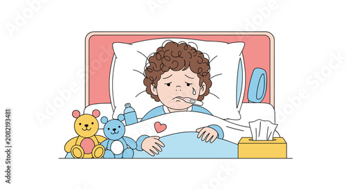 Poor sick child with a fever lying in bed with a thermometer in their mouth and stuffed animals nearby, feeling unwell and crying softly.