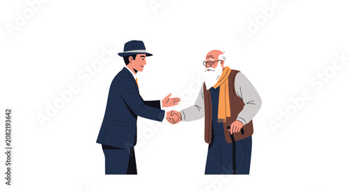Professional young man in a dark suit shakes hands with an elderly gentleman holding a wooden cane, showing respect across generations.
