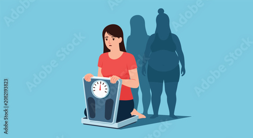 Distressed woman sits on a scale while looking at her weight, as multiple large shadow silhouettes loom behind her on a blue background.