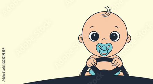 Adorable baby with a blue pacifier playfully holding onto a car steering wheel against a soft yellow background.