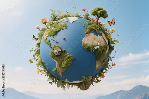 Illustration d'une petite planète écologique avec nature luxuriante, biodiversité, forêts, fleurs et montagnes, symbole de protection de l'environnement et développement durable