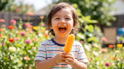 A Hispanic toddler laughs with delight eating an orange popsicle in the garden celebrating National Ice Cream Day for summer treat marketing imagery