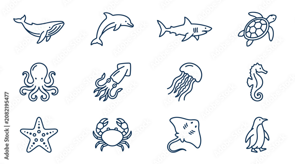 Obraz premium Marine animals icons featuring dolphin, shark, turtle, squid, jellyfish, penguin vector