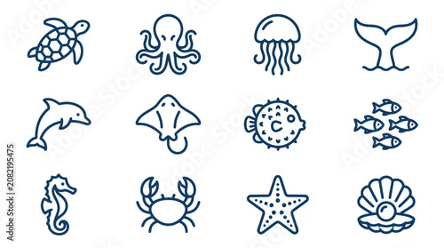 Bild auf Leinwand Marine icons featuring various sea creatures illustrations vector