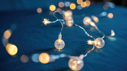 Warm glowing fairy lights on a festive darkblue surface