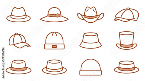 фотографія Various hats are displayed in a single row on a plain surface for viewing purposes