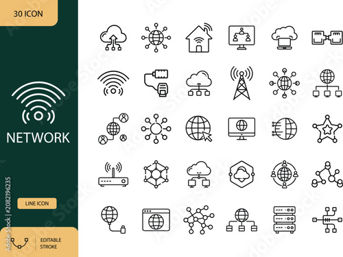 Network Editable line icon set in outline style. Vector illustration