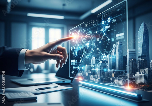 Businessman hand touching futuristic digital interface with smart city hologram and data network in modern office