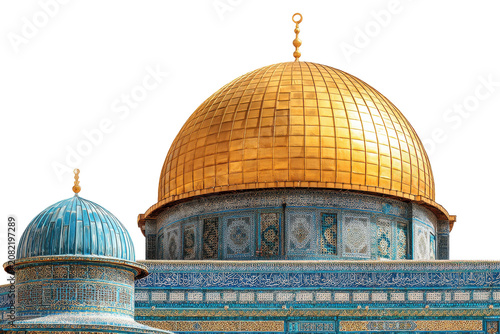 The majestic dome of the rock a symbol of islamic heritage isolated on transparent background. Golden Dome of the Rock Islamic shrine with crescent finial isolated on white background.