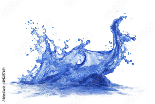 Dynamic blue water splash capturing fluidity isolated on transparent background. Dynamic blue water splash with droplets isolated on white background.