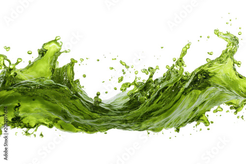 Dynamic green liquid splash explosion isolated on transparent background. Fresh green spinach leaves splashing in water isolated on white background.