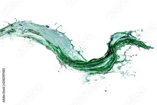 Dynamic green water splash in motion isolated on transparent background. Splash of green liquid with droplets flying isolated on white background.