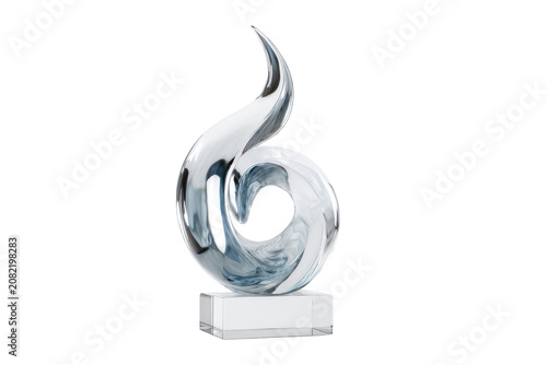 Elegant abstract swirl sculpture on clear base isolated on transparent background. Elegant silver trophy with dynamic swirl design isolated on white background.