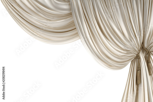 Elegant curtains drape in soft light isolated on transparent background. Elegant sheer white curtain tieback with gathered fabric isolated on white background.