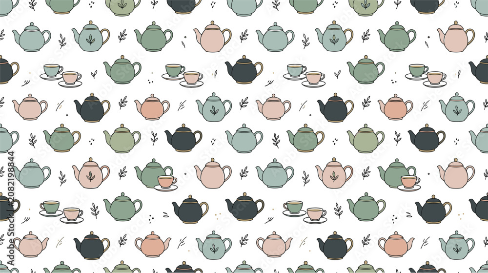 Fototapeta premium Minimalist seamless tea pattern with pastel ceramic teapots little cups and delicate black leaves