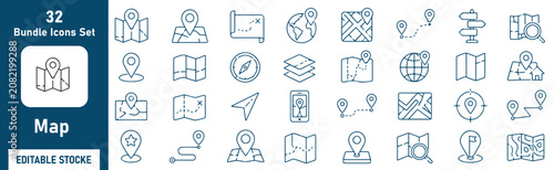 Foto Map Vector Outline Icons Set – Navigation, GPS, Location, Route Planning and Car