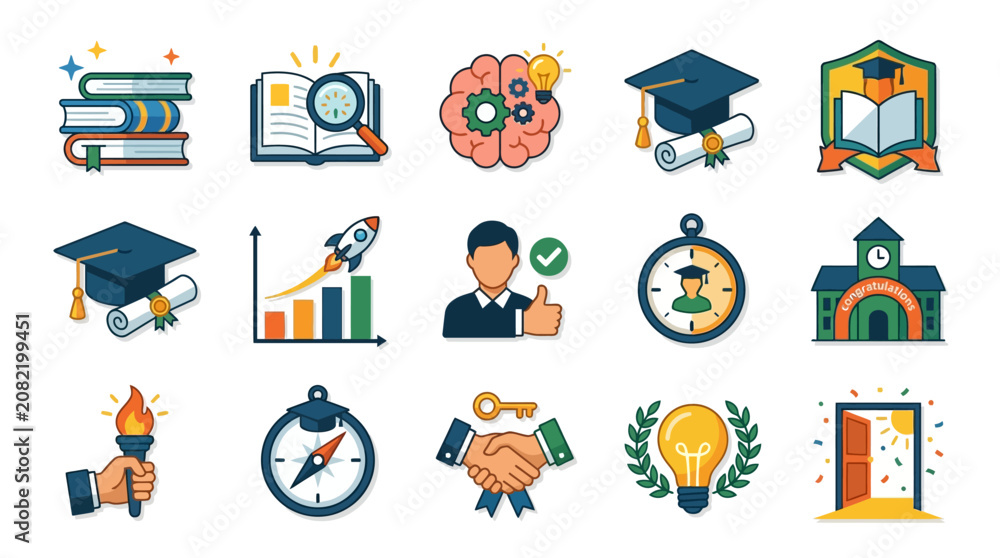 Fototapeta premium Clean Flat Set of 15 Colorful Educational and Achievement Icons Featuring Books Graduation Caps Brain Charts and More