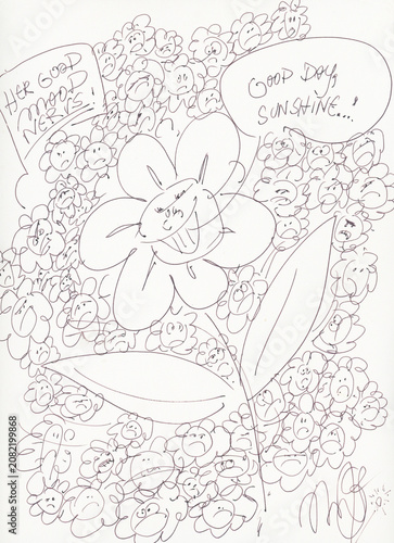 A whimsical line drawing features a large, central flower with a smiling face, surrounded by many smaller flowers with varied expressions. The large flower says 