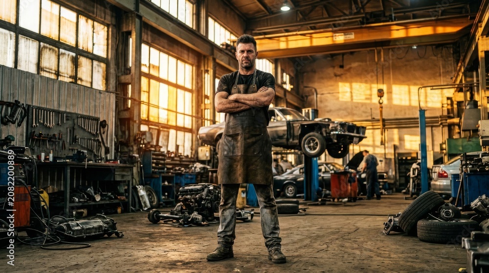 Fototapeta premium Confident auto mechanic standing with crossed arms in a professional car repair workshop.