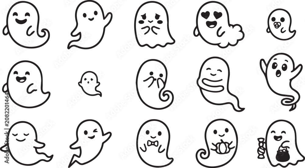 Fototapeta premium Cute Halloween Ghost Character Outline Icon Collection Isolated on White