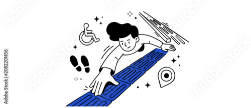 Fotografía Tactile paving accessibility vector illustration of a person feeling blue tactile ground indicators for visually impaired navigation, featuring wheelchair icon, footprints, with location pin signages