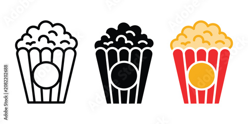 Canvastavla Popcorn bucket, outline solid and colorful cartoon icon styles, cinema snack vec