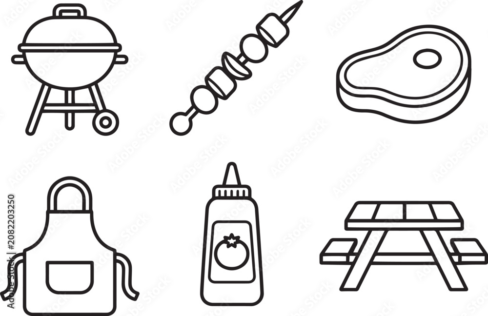 Fototapeta premium Bbq Modern and Premium Icon Set, Featuring grill, skewer, steak, apron and More, Editable Stroke, Outline Icon Collection