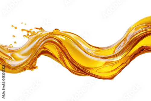 Golden amber fluid flow mesmerizing display of liquid dynamics isolated on transparent background. Golden liquid splash with droplets isolated on white background.