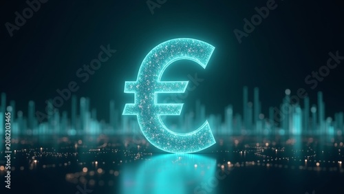 Glowing Digital Euro Symbol Over Abstract Cityscape Background.