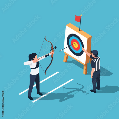 Принти на полотні Archery competition with referee and target in isometric style.
