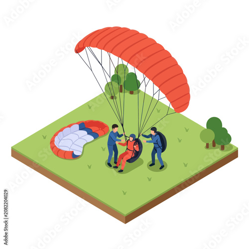 Tablou pe pânză Paragliding adventure with friends in a green landscape.