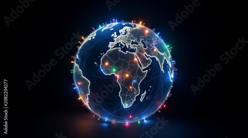 Global earth globe illuminated with festive colorful Christmas holiday lights on black background.