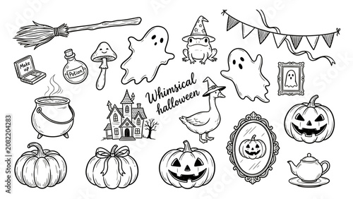 Schilderij op canvas Whimsical halloween sketches depict ghosts and pumpkins in a charming hand-drawn art style