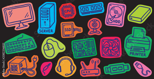 Foto Colorful hand-drawn doodle computer components and accessories as stickers on a dark background, representing technology and electronics