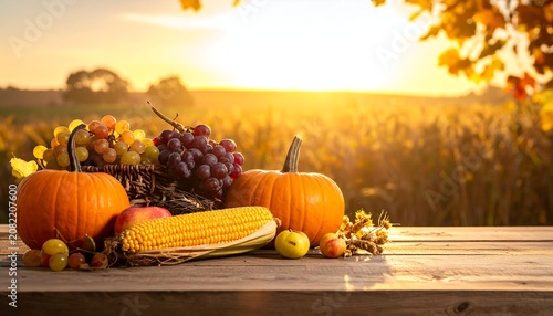 A serene harvest scene with fruits and vegetables on a rustic wooden table