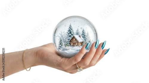 Woman holding a small glass snow globe with winter scene isolated on transparent background