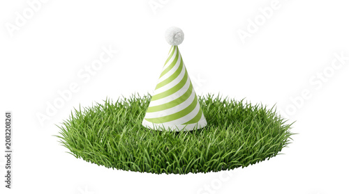 Green striped party hat sitting on a patch of fresh grass isolated on transparent background