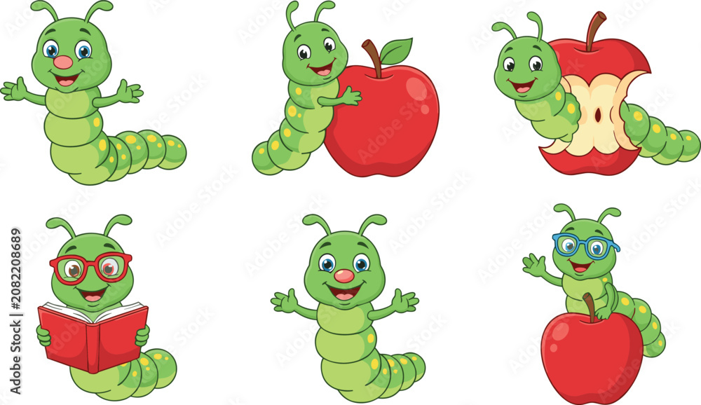 Fototapeta premium Cute Cartoon Caterpillar Vector Set, Funny Green Character Illustration Collection with Caterpillar Eating Apple and Reading Book
