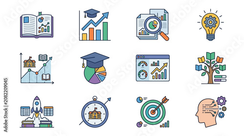 Minimalist Educational Analytics and Growth Concepts Illustrated with Colorful Icons and Charts
